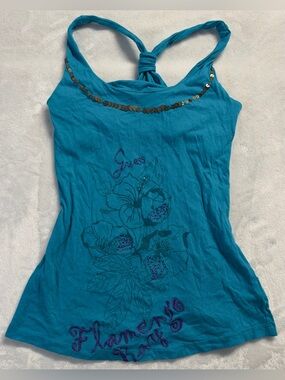 Y2K GUESS women's teal sequin embroidered open racer back tank, S.